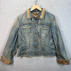 Elie Tahari Denim Jean Jacket Womens M Blue Distressed‎ Embellished Lined Boho